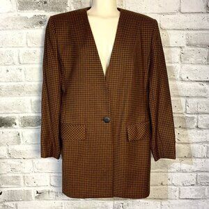 Vintage Plaid Wool Collarless One Button Long Blazer Jacket New